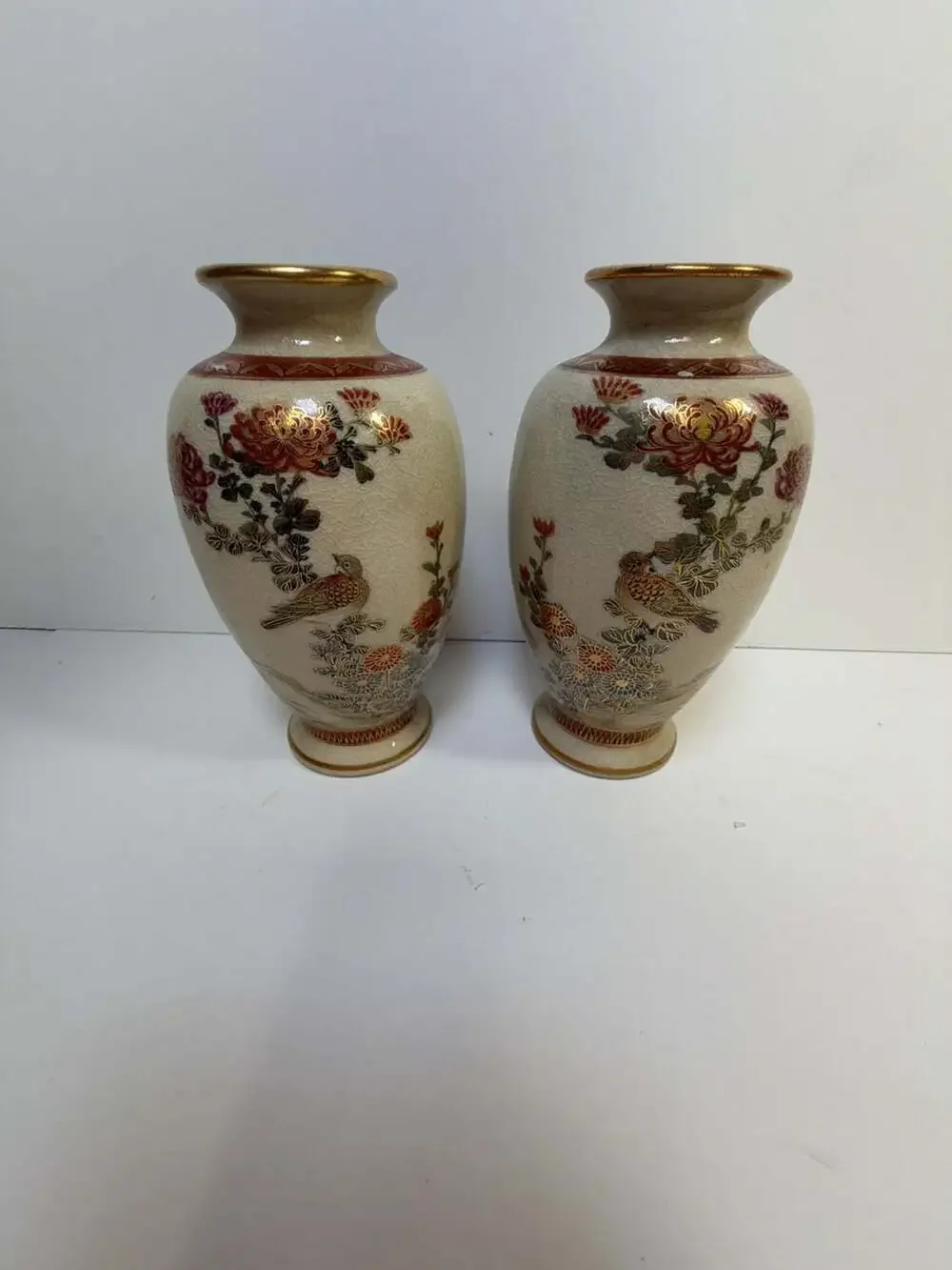 Vintage Japanese Satsuma Style Crackle Glaze Floral Bird Vases Set of 2
